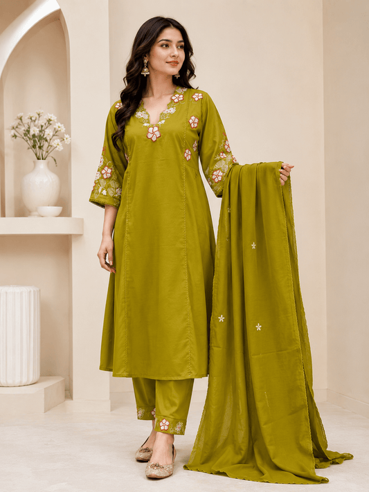 Olive Green Floral Embroidered 3-Piece Ethnic Suit Set - Achyutara