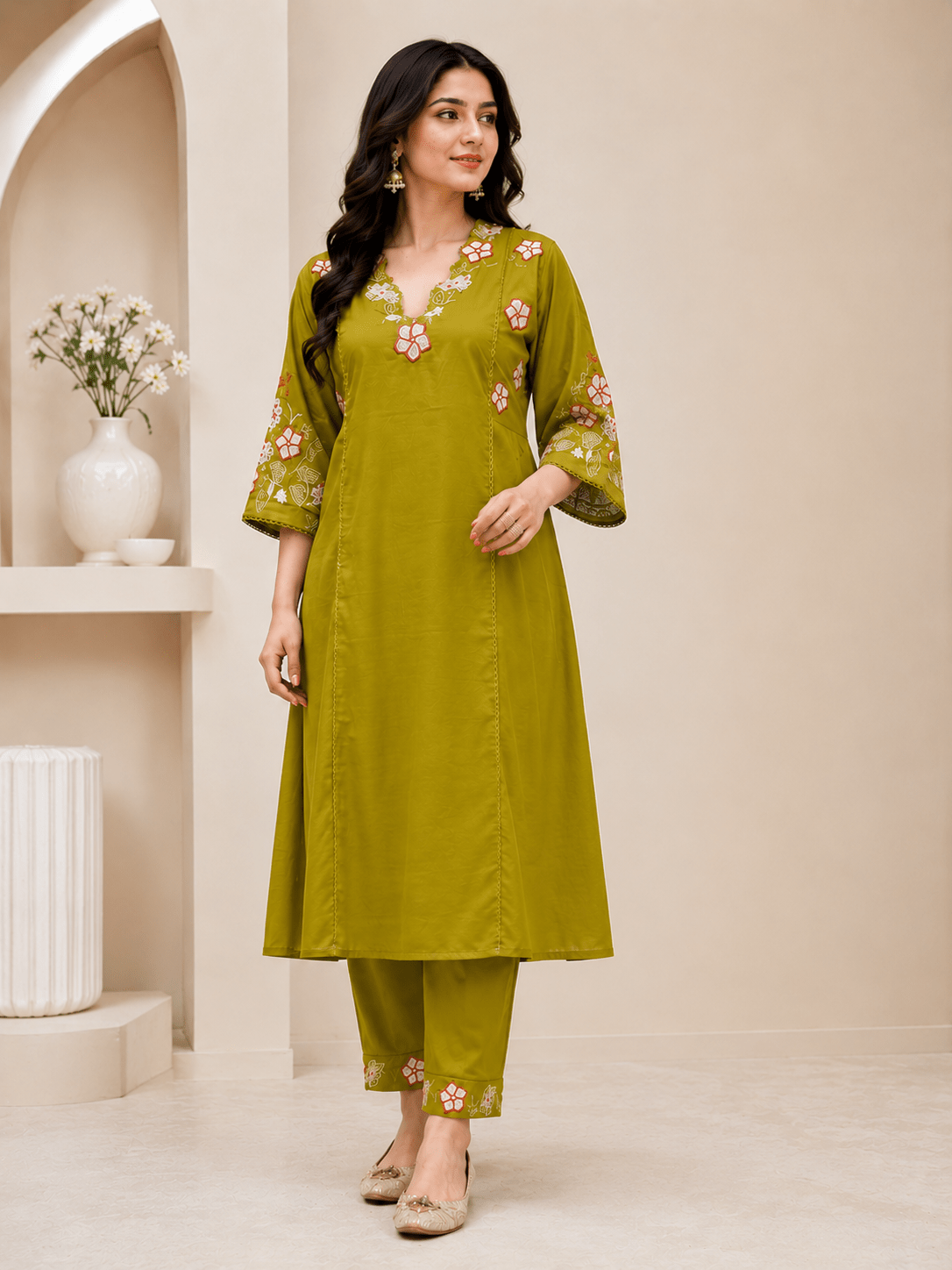 Olive Green Floral Embroidered 3-Piece Ethnic Suit Set - Achyutara