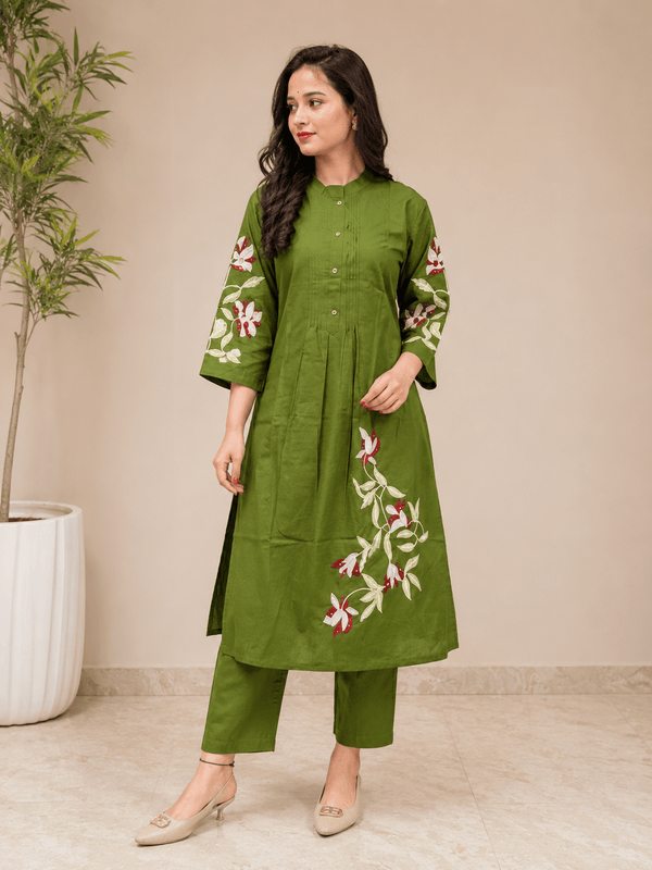 Olive Green Floral Embroidered Straight Kurta Set - Achyutara