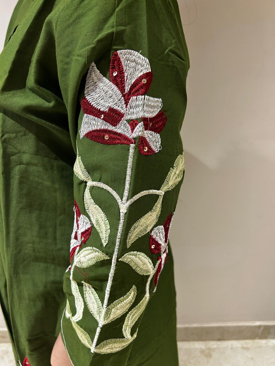 Olive Green Floral Embroidered Straight Kurta Set - Achyutara