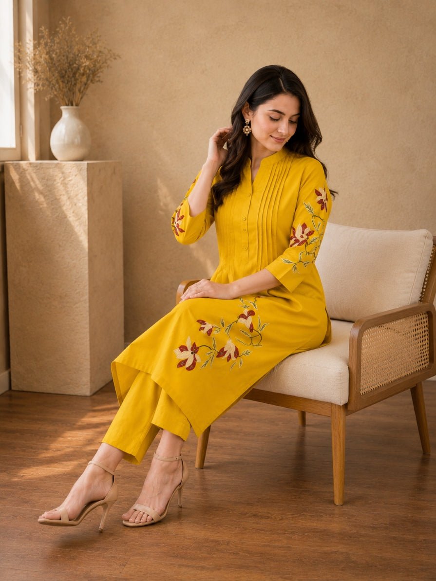 Olive Green Floral Embroidered Straight Kurta Set - Achyutara