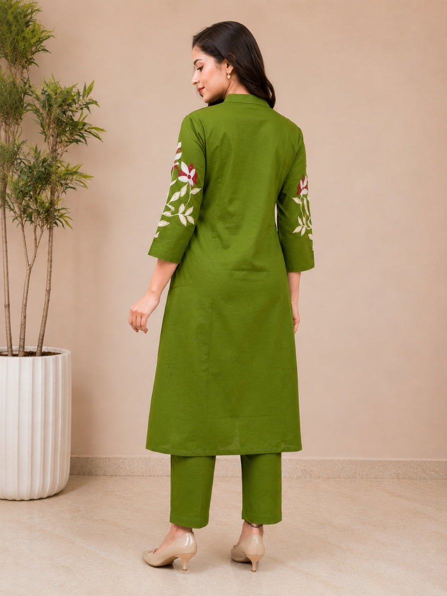 Olive Green Floral Embroidered Straight Kurta Set - Achyutara