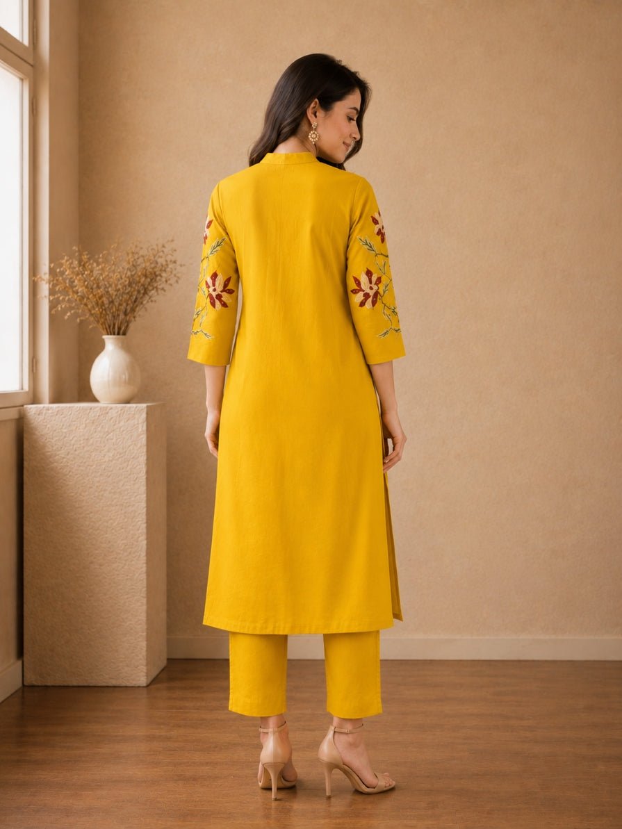 Olive Green Floral Embroidered Straight Kurta Set - Achyutara