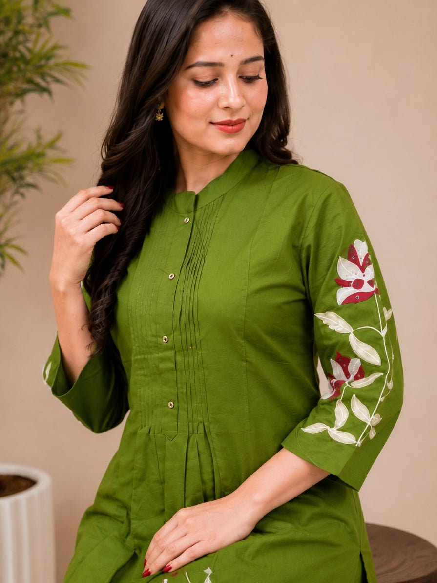 Olive Green Floral Embroidered Straight Kurta Set - Achyutara
