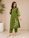 Olive Green Floral Embroidered Straight Kurta Set - Achyutara