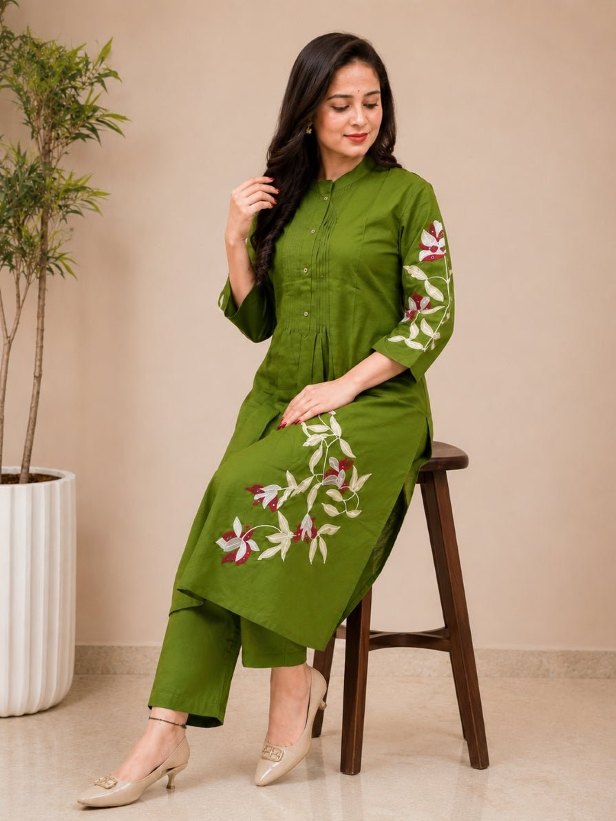 Olive Green Floral Embroidered Straight Kurta Set - Achyutara