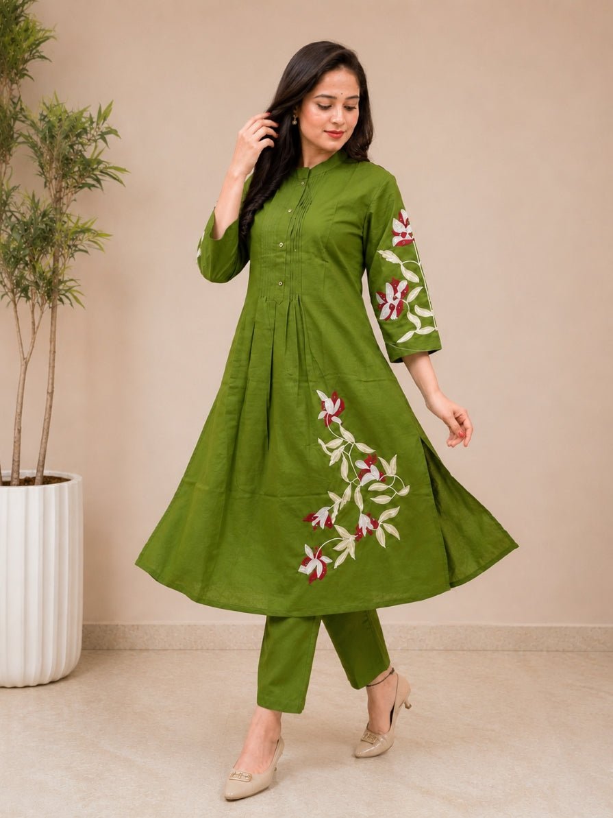Olive Green Floral Embroidered Straight Kurta Set - Achyutara