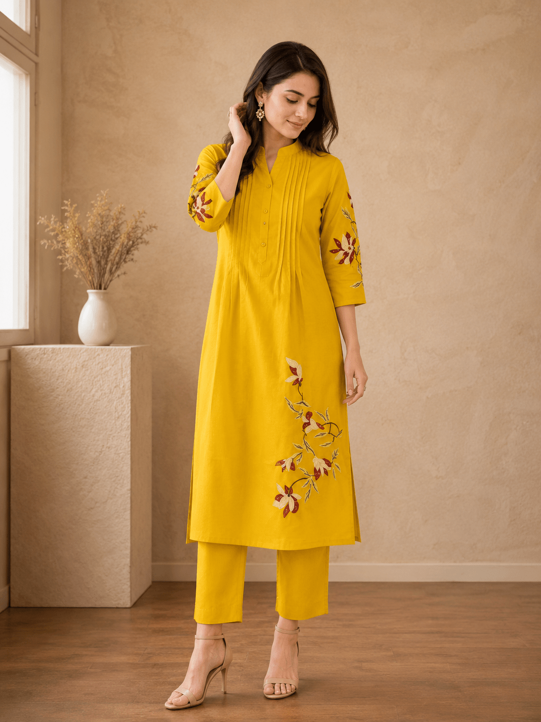 Olive Green Floral Embroidered Straight Kurta Set