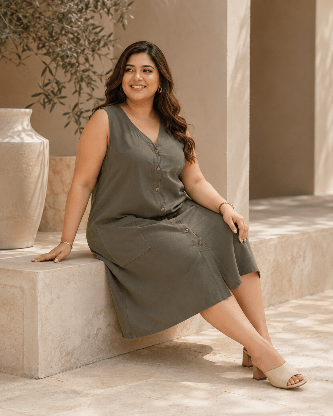 Olive Green Sleeveless Button-Front Dress Pockets - Achyutara