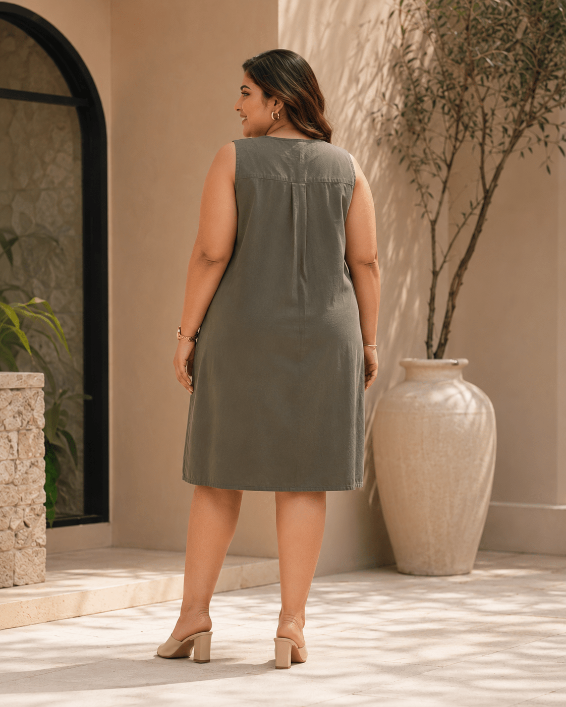 Olive Green Sleeveless Button-Front Dress Pockets - Achyutara
