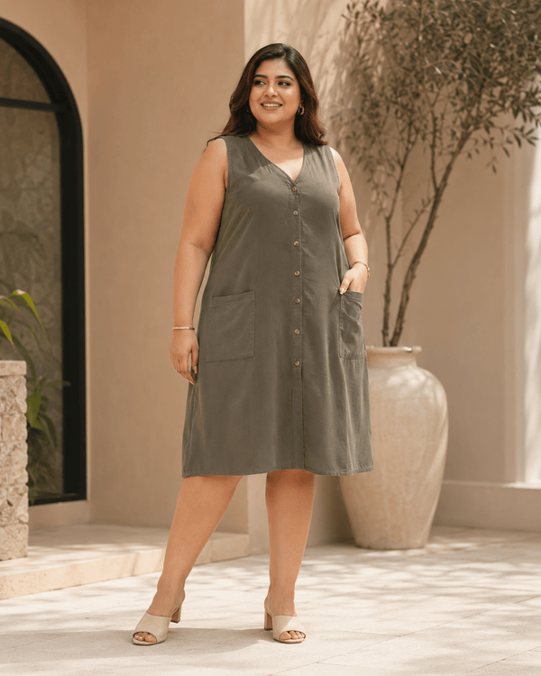 Olive Green Sleeveless Button-Front Dress Pockets - Achyutara