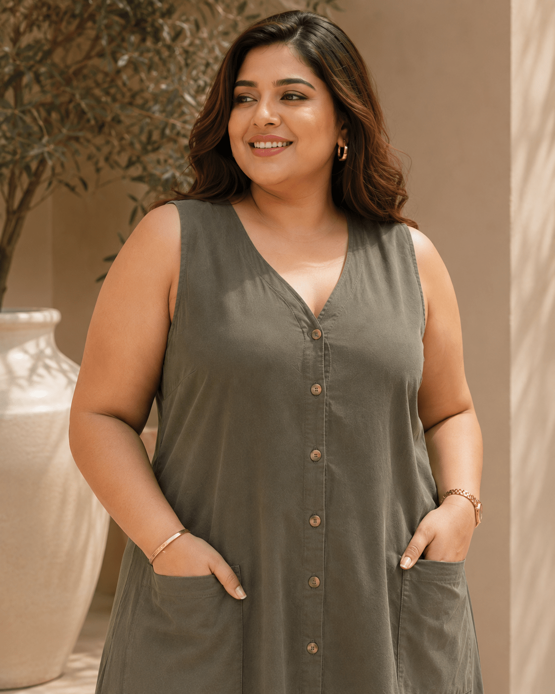 Olive Green Sleeveless Button-Front Dress Pockets - Achyutara