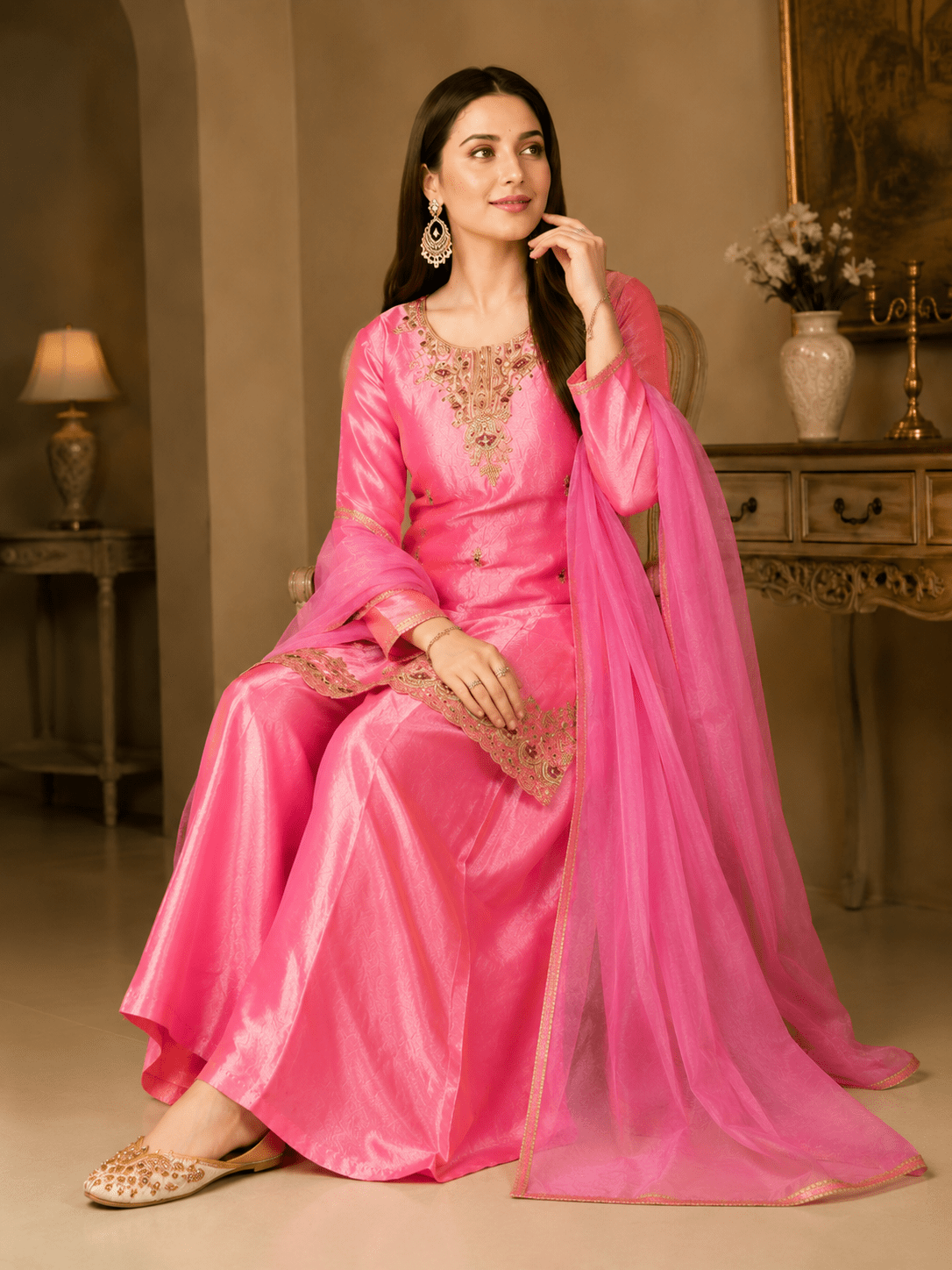 Rosé Glow Embroidered Kurta Palazzo Set - Achyutara