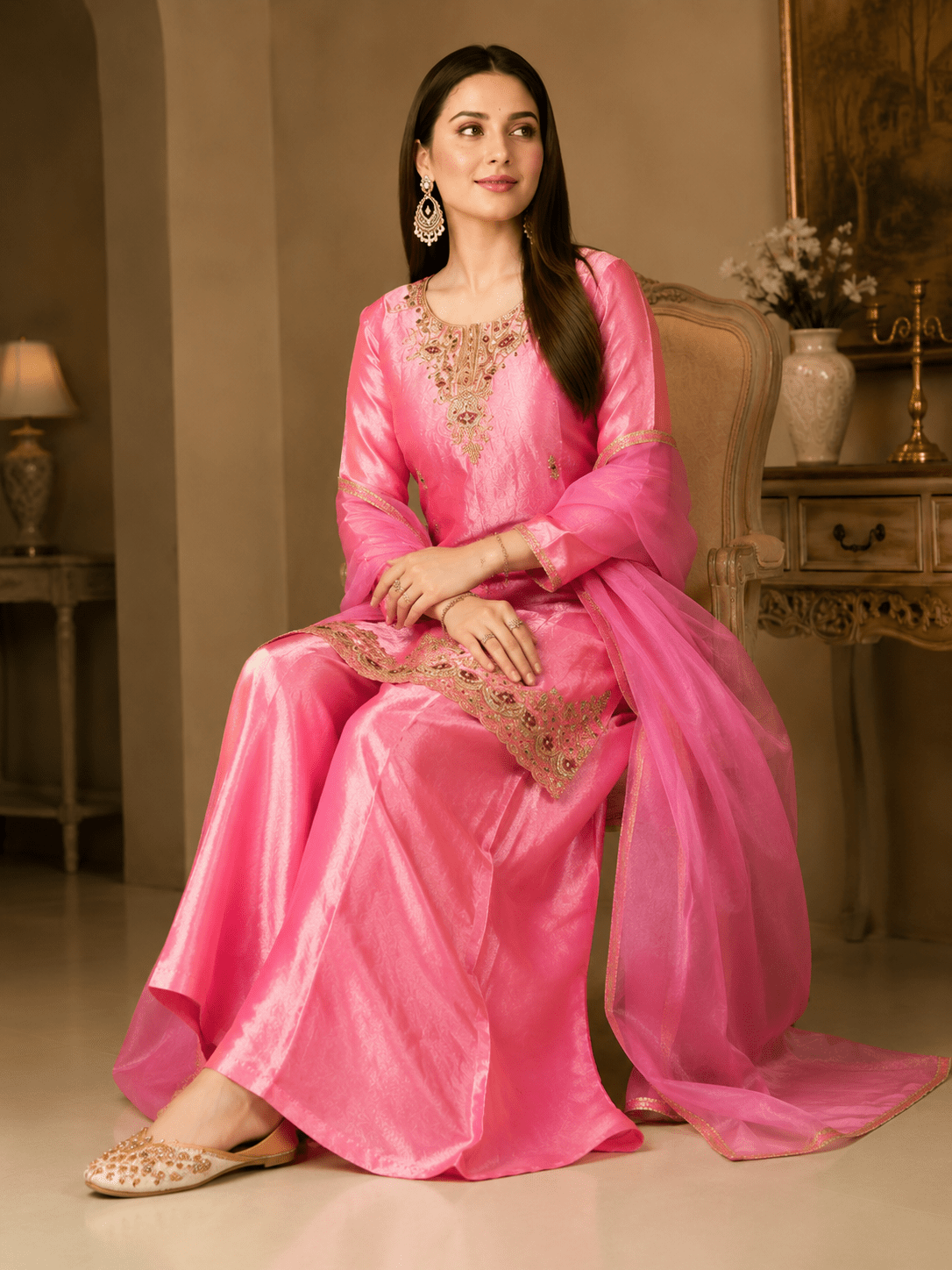 Rosé Glow Embroidered Kurta Palazzo Set - Achyutara