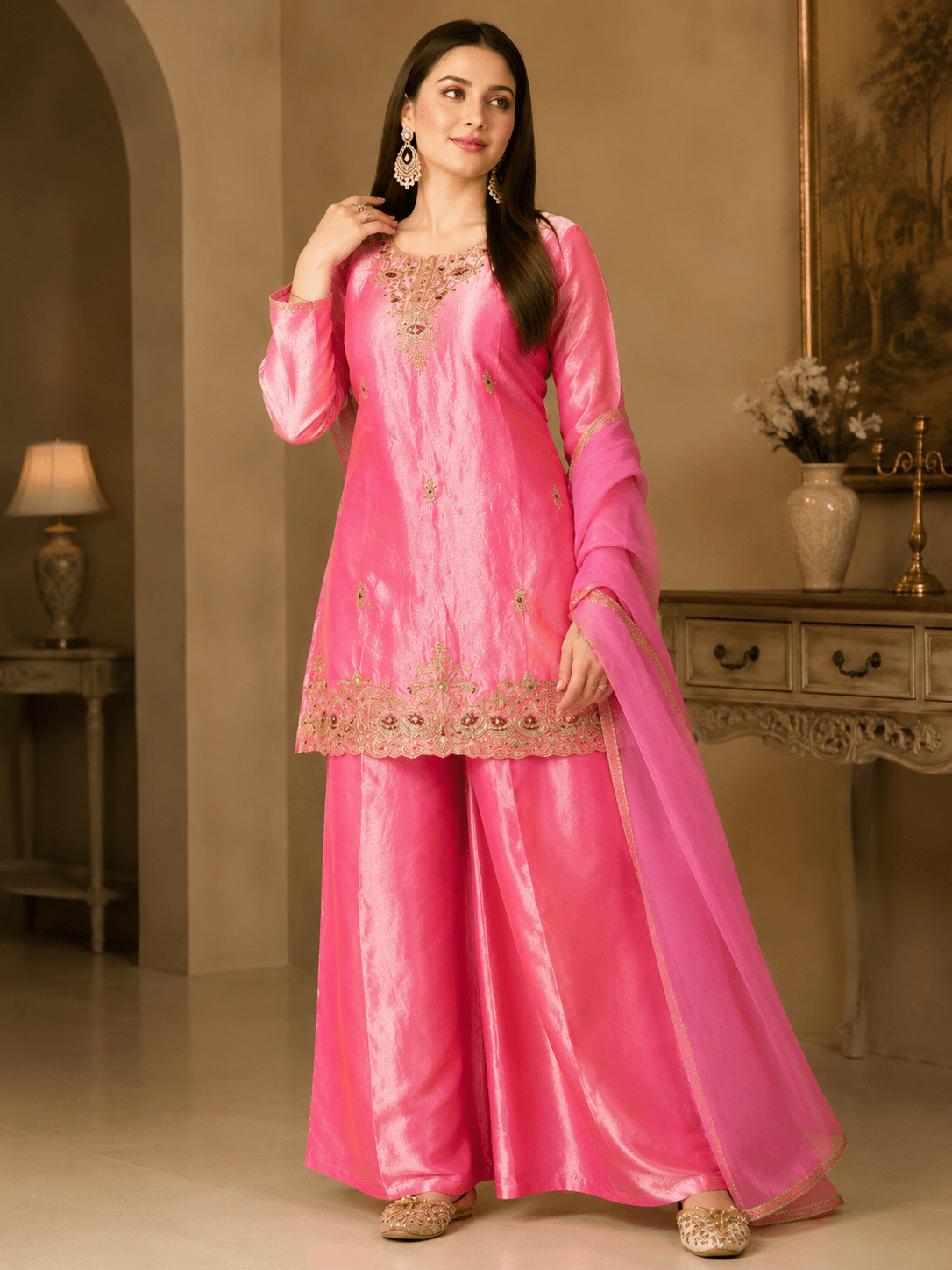 Rosé Glow Embroidered Kurta Palazzo Set - Achyutara