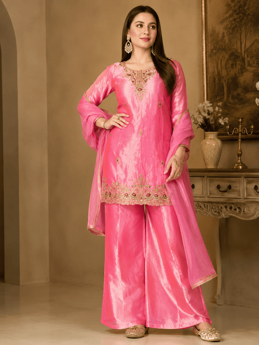 Rosé Glow Embroidered Kurta Palazzo Set - Achyutara