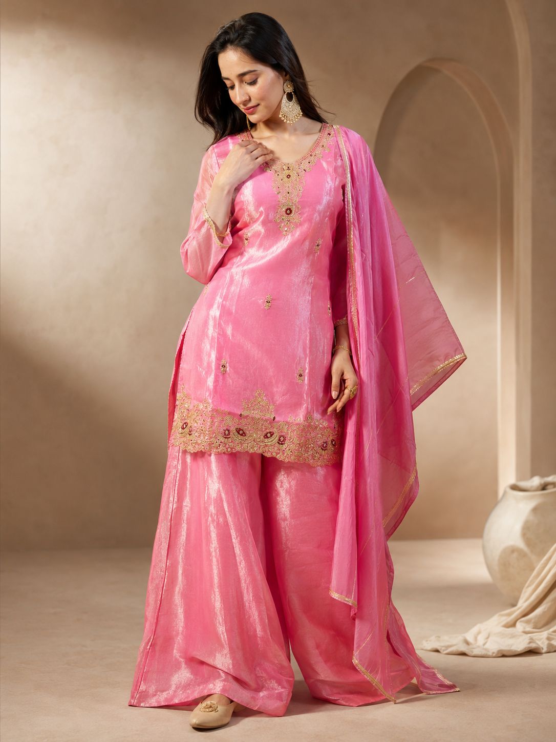 Rosé Glow Embroidered Kurta Palazzo Set - Achyutara