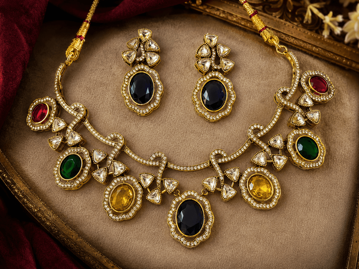 Royal Multicolor Stone Choker Necklace Set - Achyutara