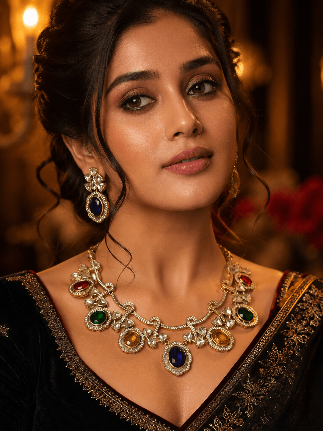 Royal Multicolor Stone Choker Necklace Set - Achyutara