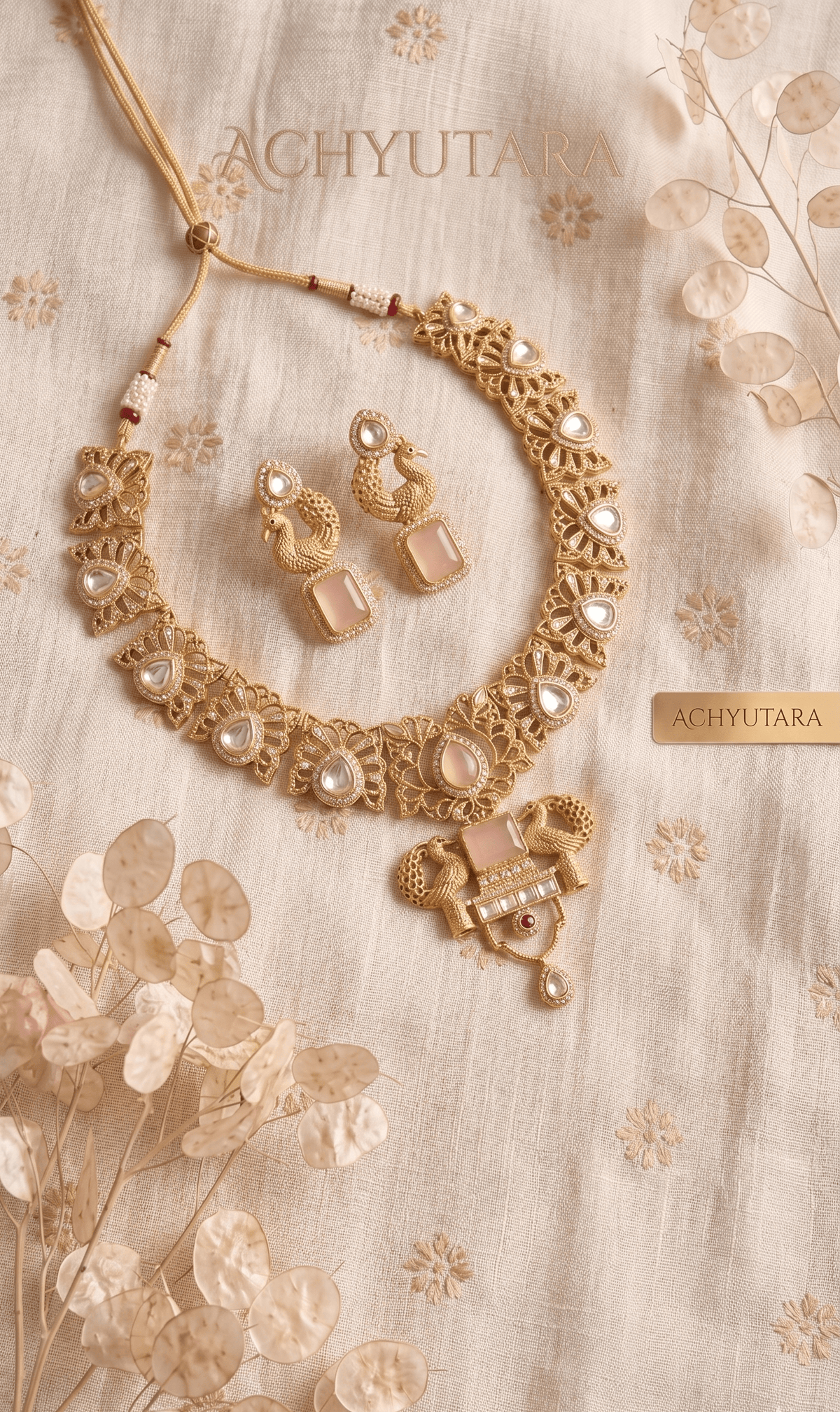 Royal Peacock Design Pink Stone Kundan Necklace Set - Achyutara