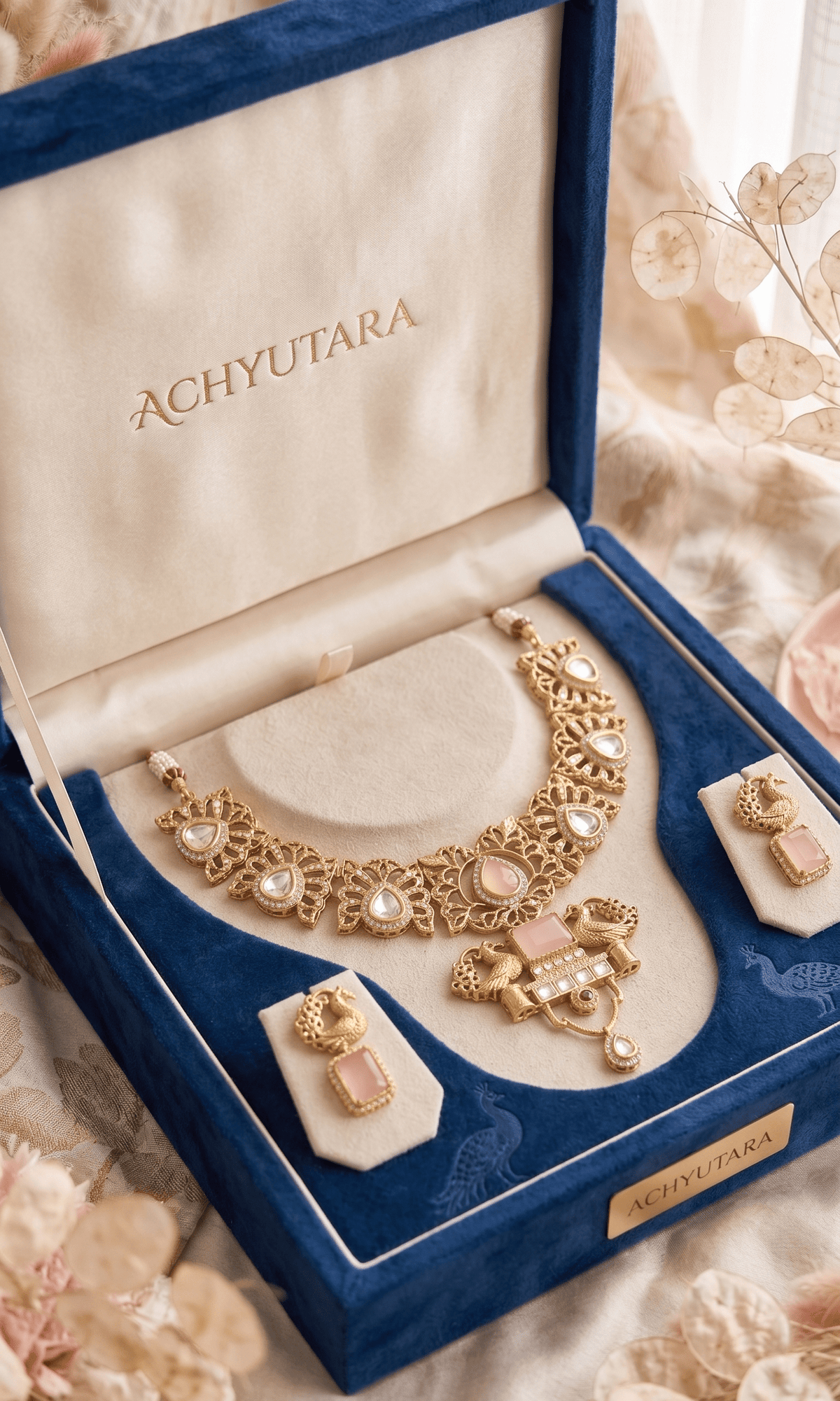 Royal Peacock Design Pink Stone Kundan Necklace Set - Achyutara