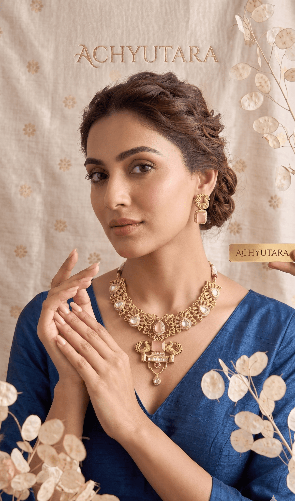 Royal Peacock Design Pink Stone Kundan Necklace Set - Achyutara