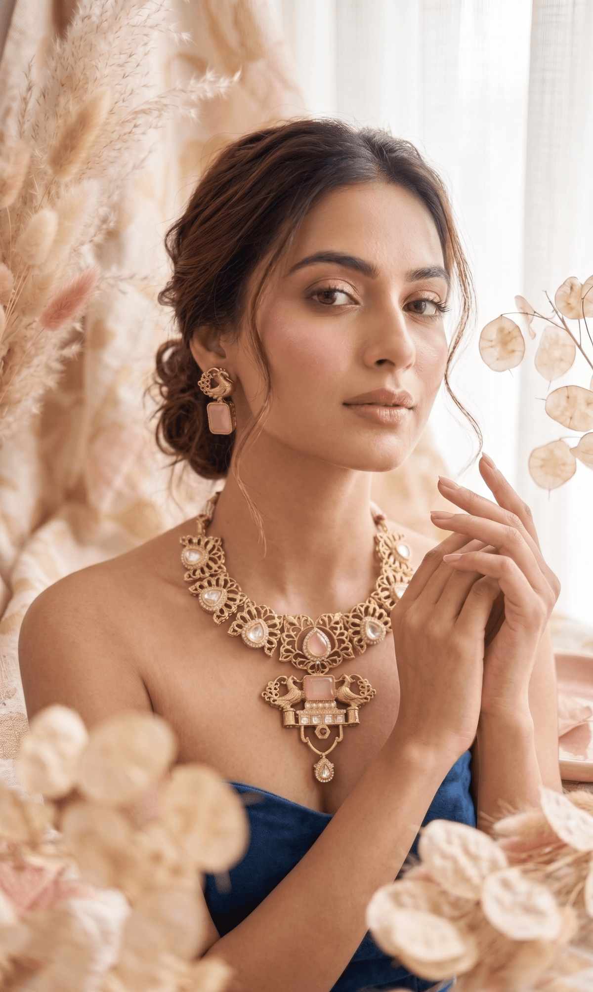 Royal Peacock Design Pink Stone Kundan Necklace Set - Achyutara