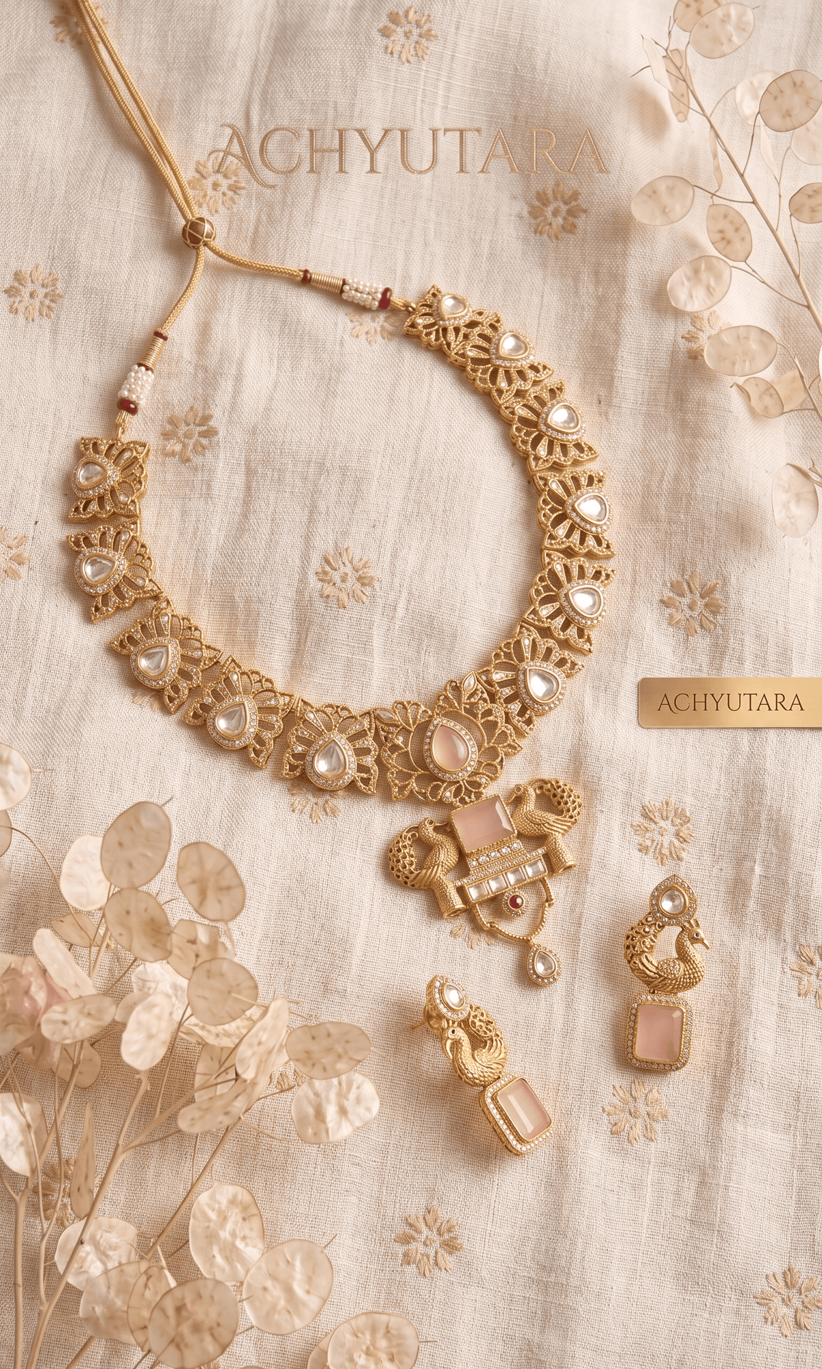 Royal Peacock Design Pink Stone Kundan Necklace Set - Achyutara