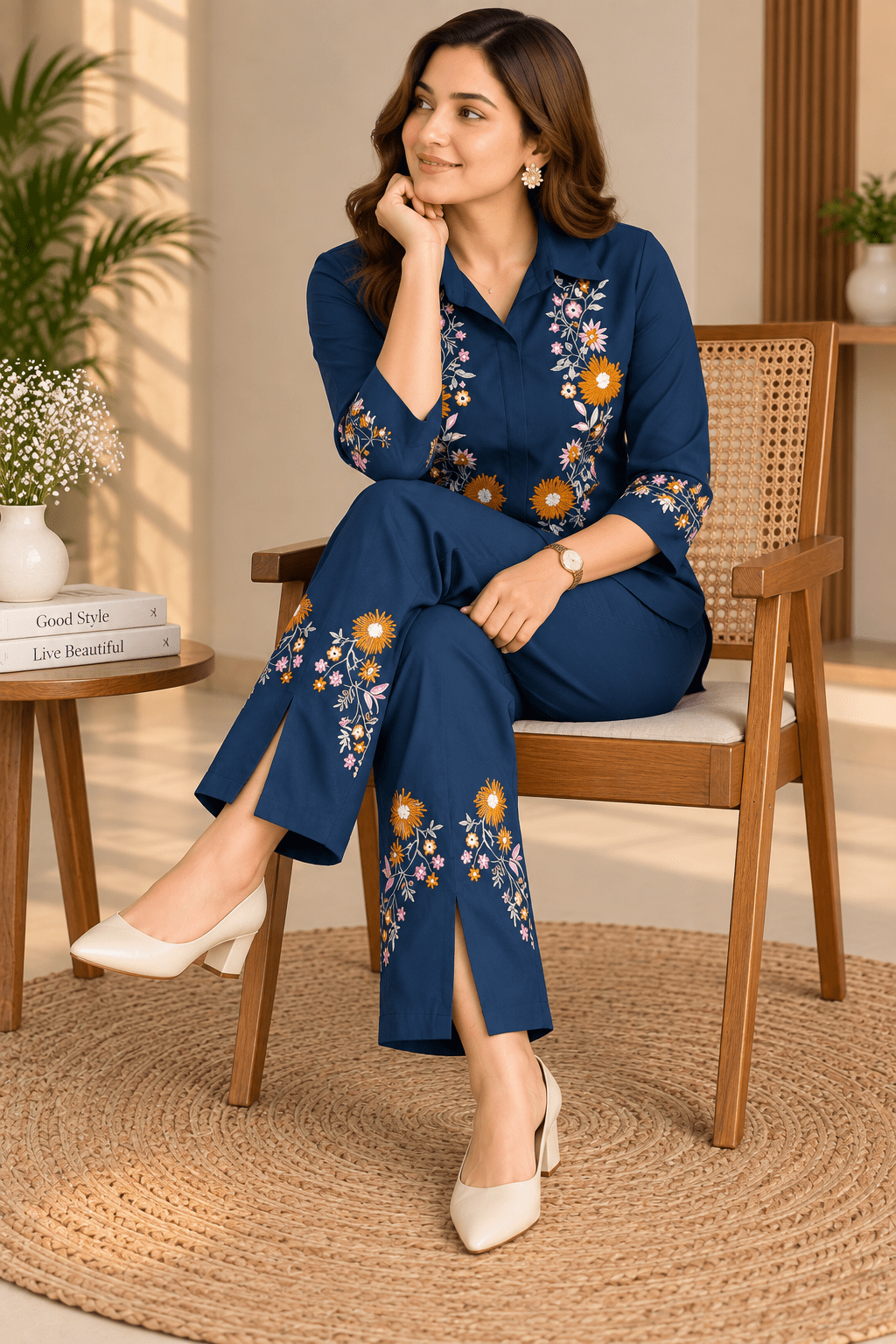 Rust Orange Floral Embroidered Co-Ord Set - Achyutara