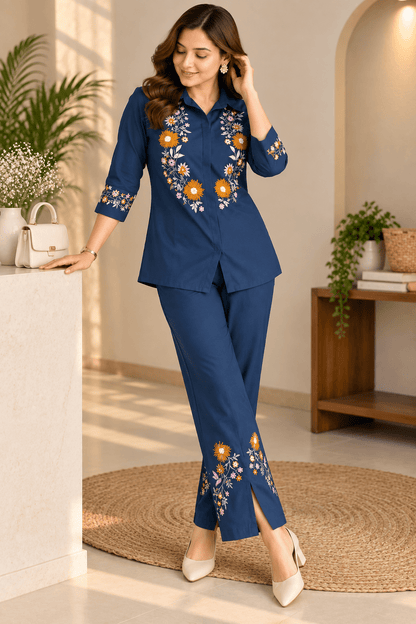 Rust Orange Floral Embroidered Co-Ord Set - Achyutara