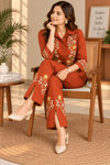 Rust Orange Floral Embroidered Co-Ord Set - Achyutara