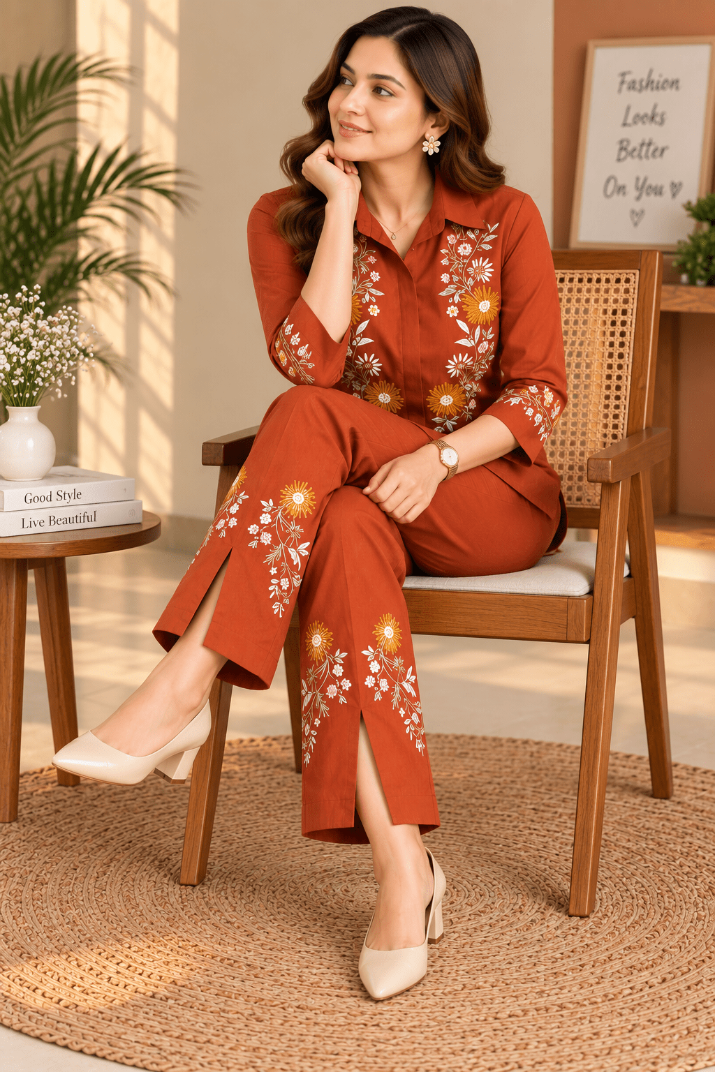 Rust Orange Floral Embroidered Co-Ord Set - Achyutara