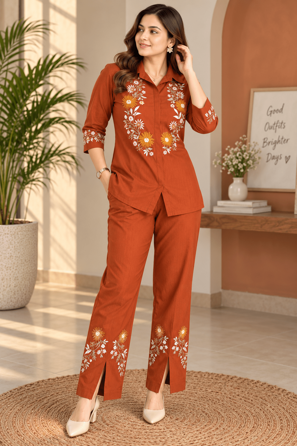 Rust Orange Floral Embroidered Co-Ord Set - Achyutara