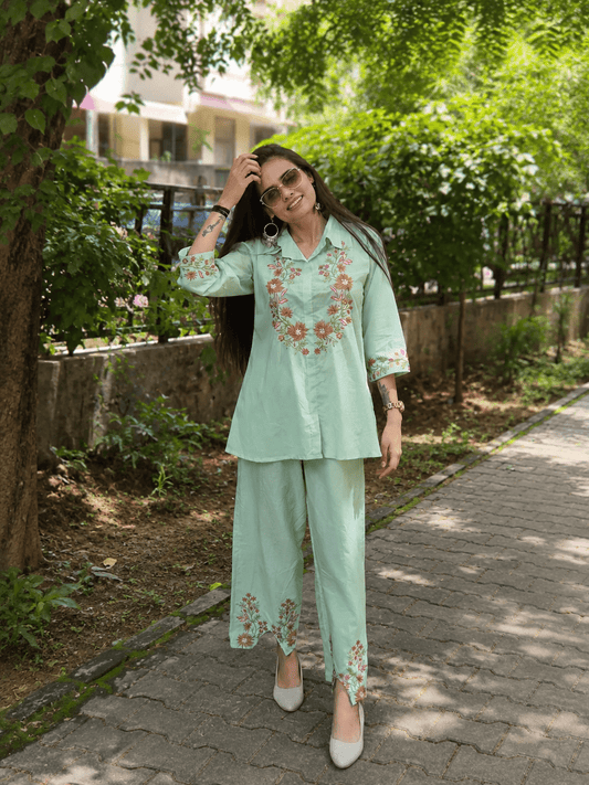 Rust Orange Floral Embroidered Co-Ord Set - Achyutara