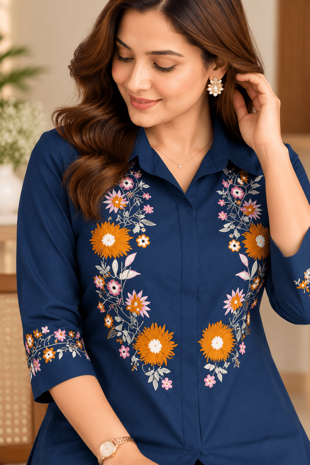 Rust Orange Floral Embroidered Co-Ord Set - Achyutara