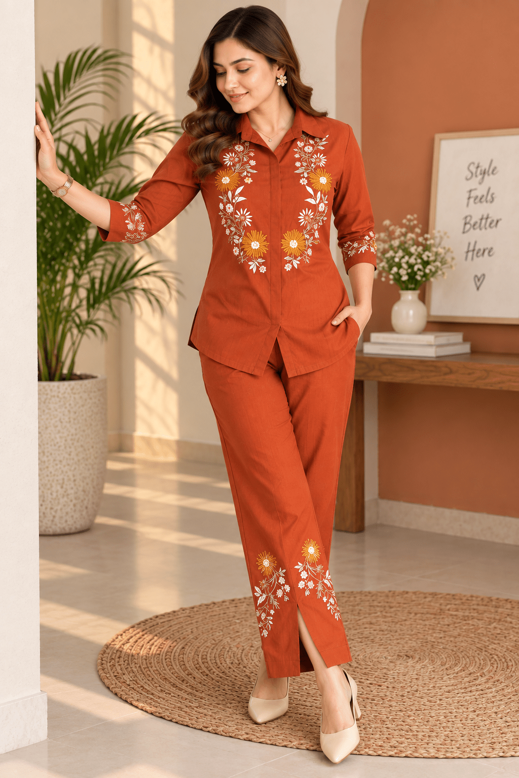 Rust Orange Floral Embroidered Co-Ord Set - Achyutara