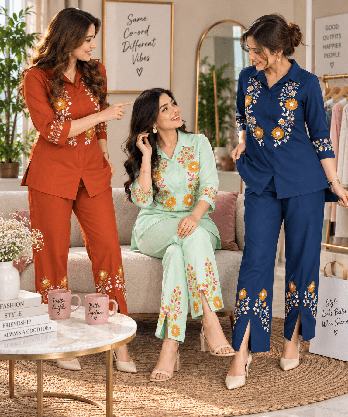 Rust Orange Floral Embroidered Co-Ord Set - Achyutara