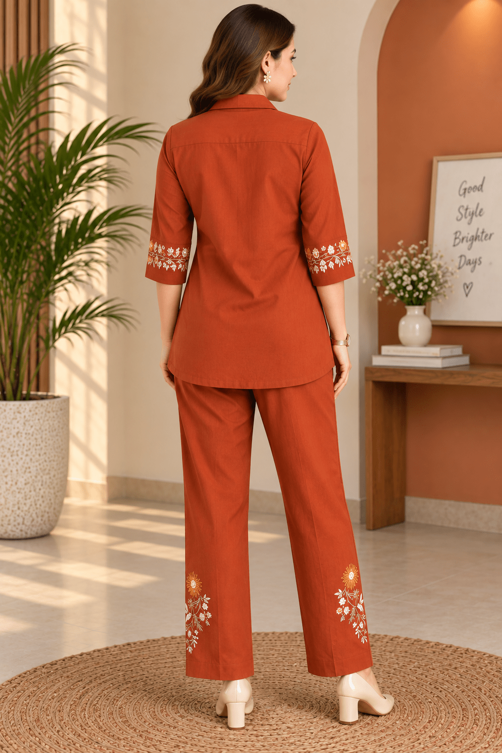 Rust Orange Floral Embroidered Co-Ord Set - Achyutara