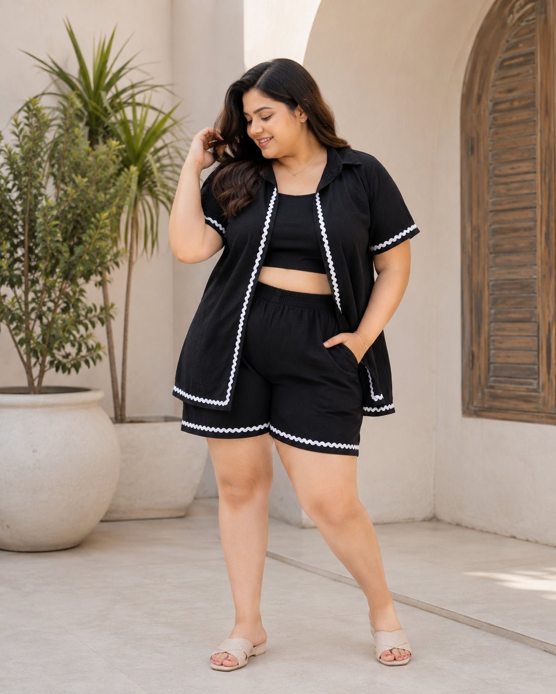 Trendy Black Cotton Crop Top, Shirt & Shorts 3-Piece Set for Women - Achyutara