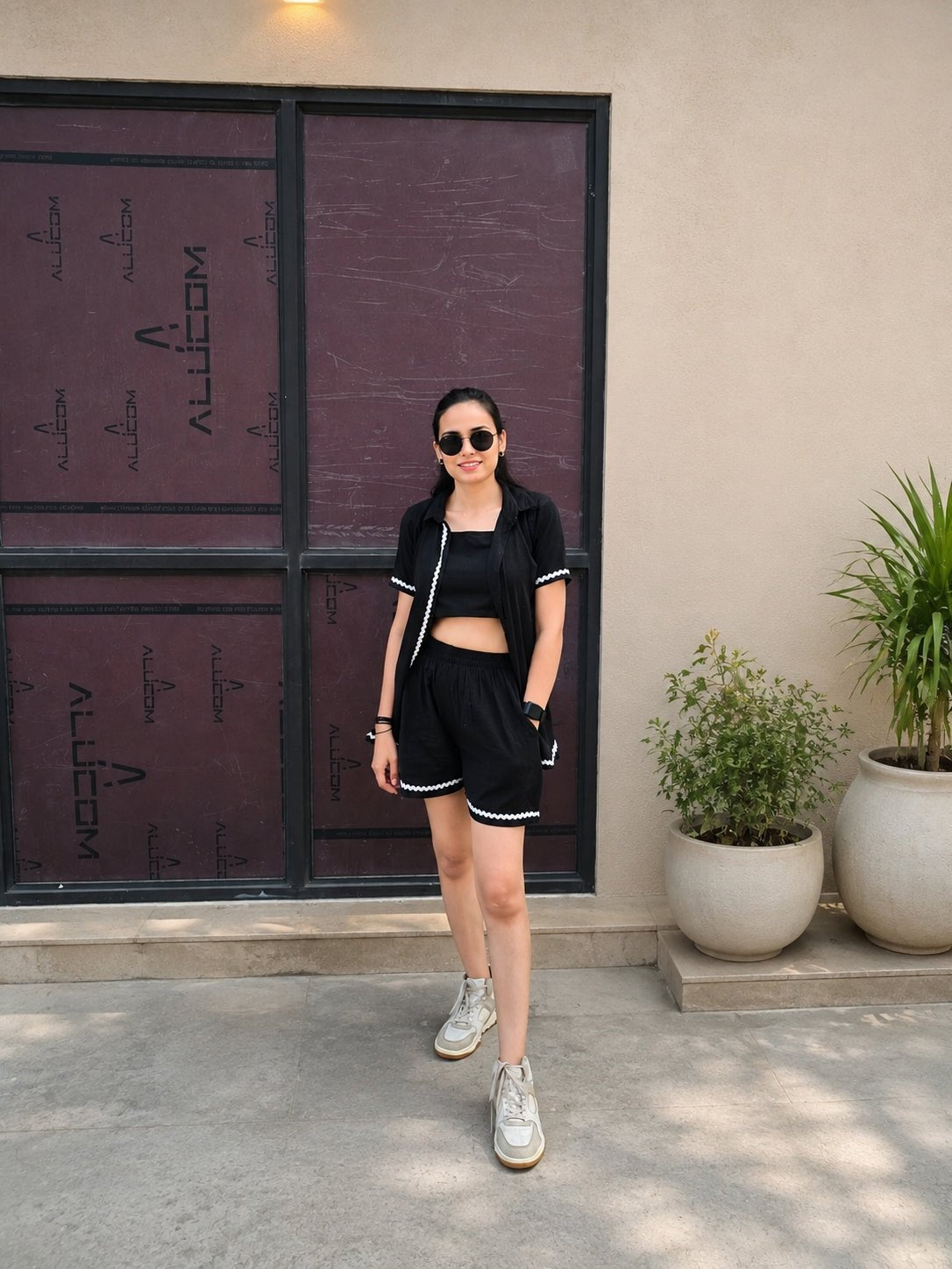 Trendy Black Cotton Crop Top, Shirt & Shorts 3-Piece Set for Women - Achyutara