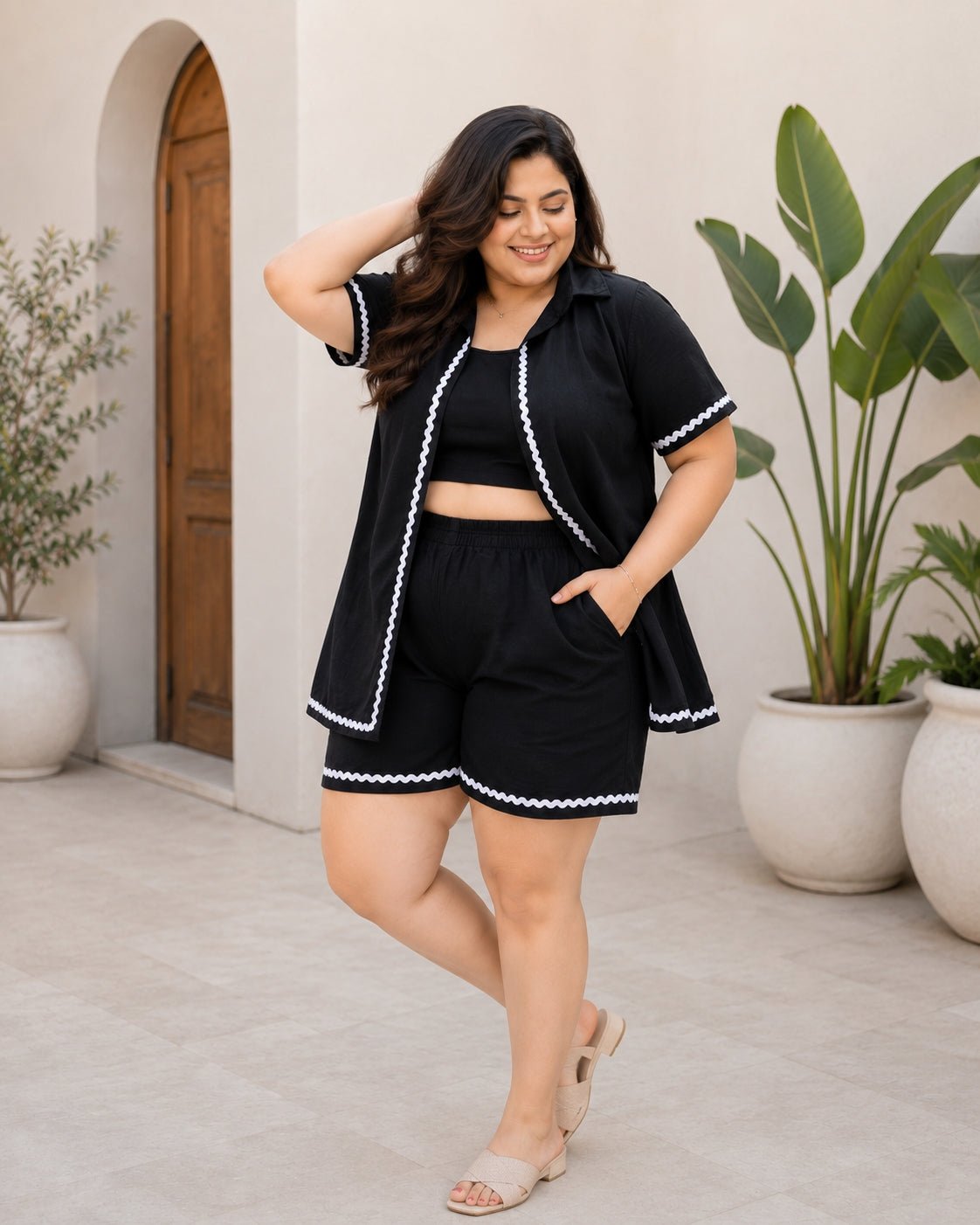 Trendy Black Cotton Crop Top, Shirt & Shorts 3-Piece Set for Women - Achyutara