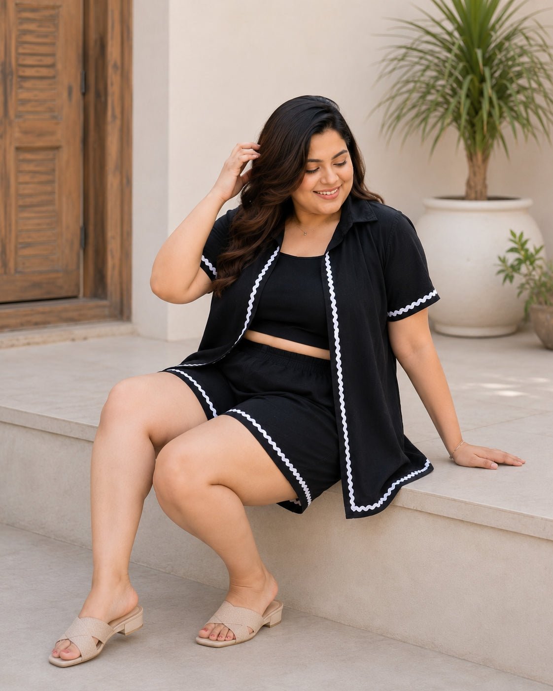 Trendy Black Cotton Crop Top, Shirt & Shorts 3-Piece Set for Women - Achyutara