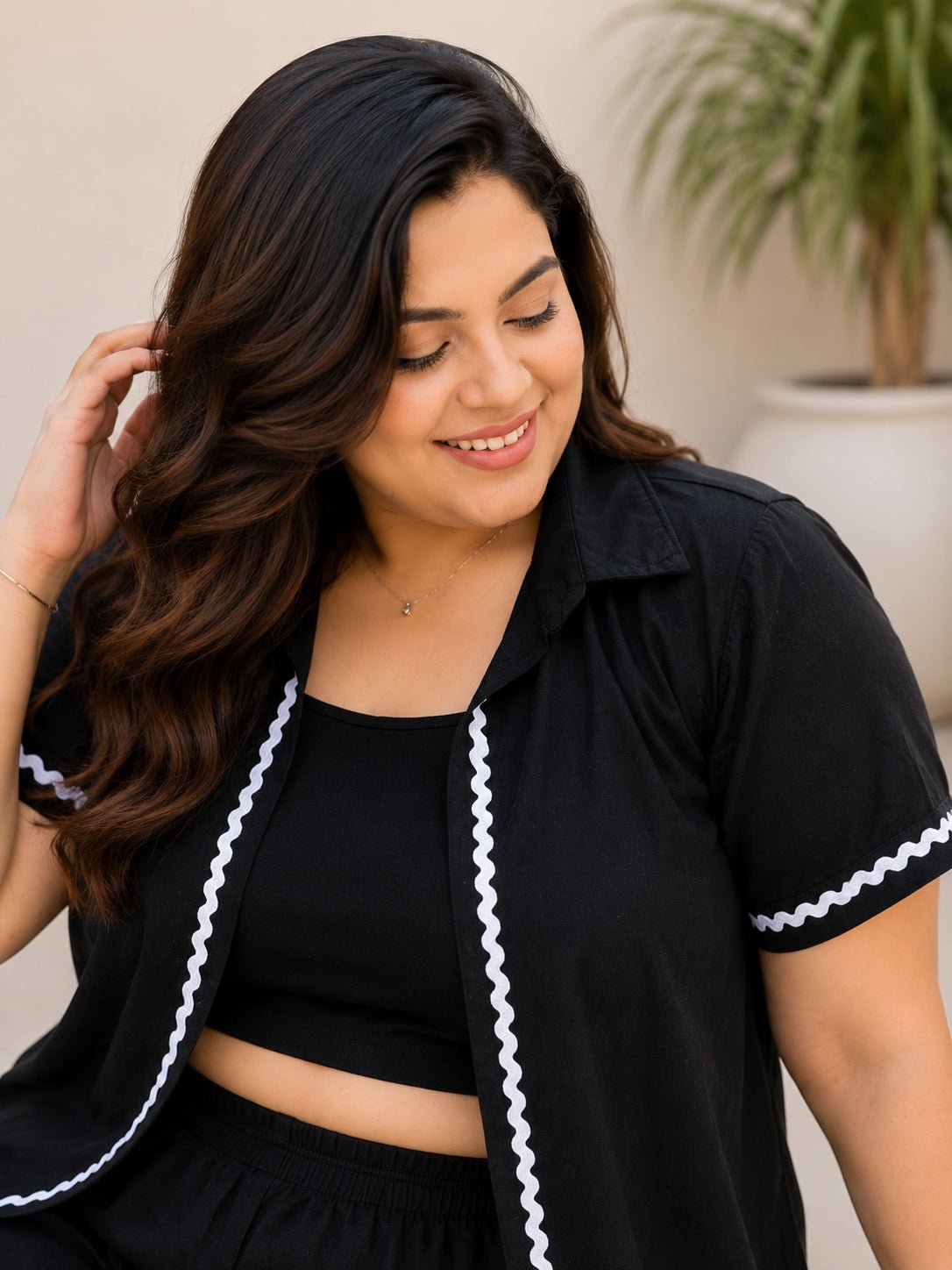 Trendy Black Cotton Crop Top, Shirt & Shorts 3-Piece Set for Women - Achyutara