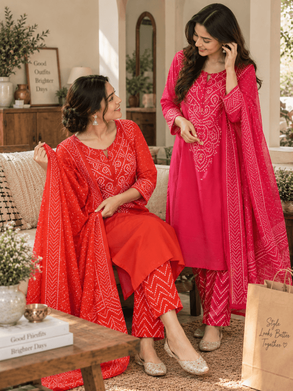 Vibrant Pink Bandhani Printed 3-Piece Kurta Set with Dupatta - Achyutara