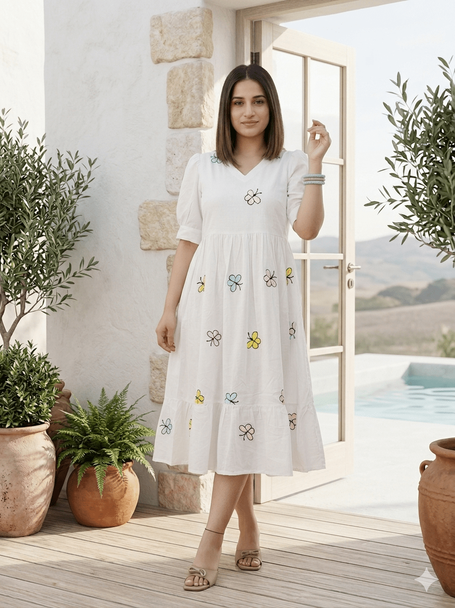 Whimsical Butterfly Embroidered Cotton Maxi Dress - Achyutara