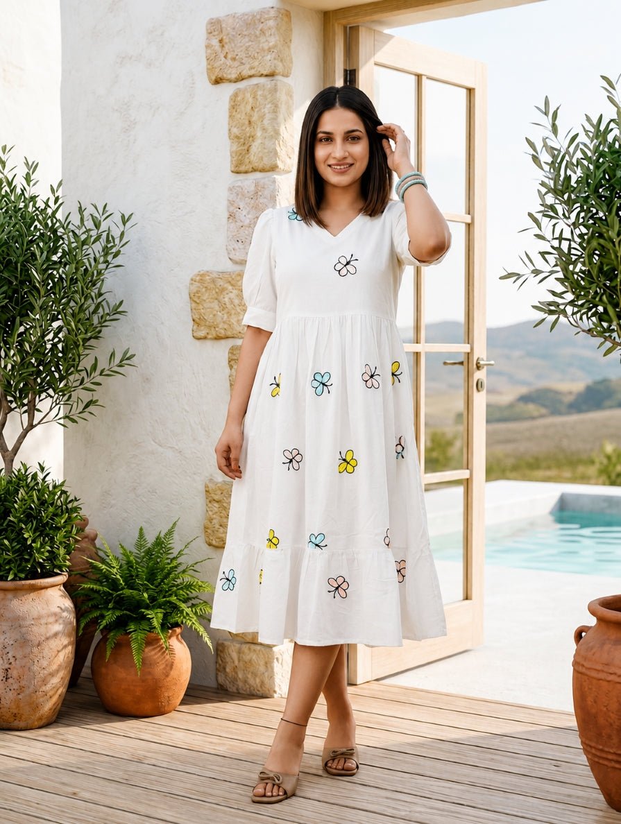 Whimsical Butterfly Embroidered Cotton Maxi Dress - Achyutara