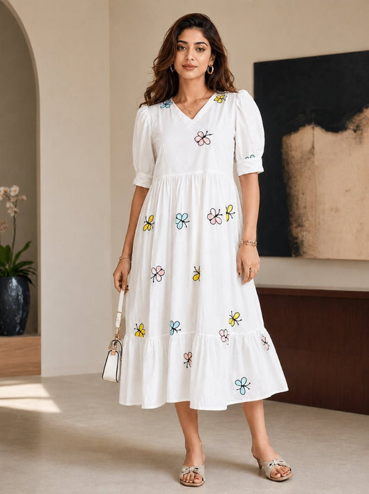 Whimsical Butterfly Embroidered Cotton Maxi Dress - Achyutara