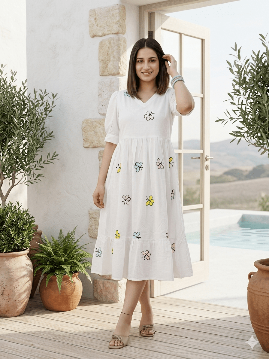 Whimsical Butterfly Embroidered Cotton Maxi Dress - Achyutara