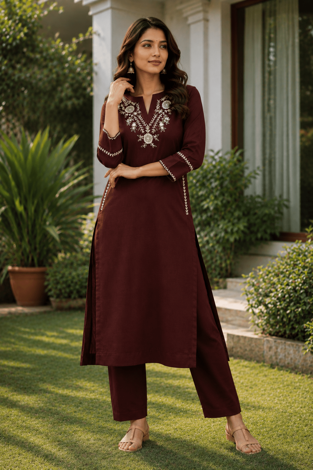 Wine Elegance Embroidered Kurta Set - Achyutara