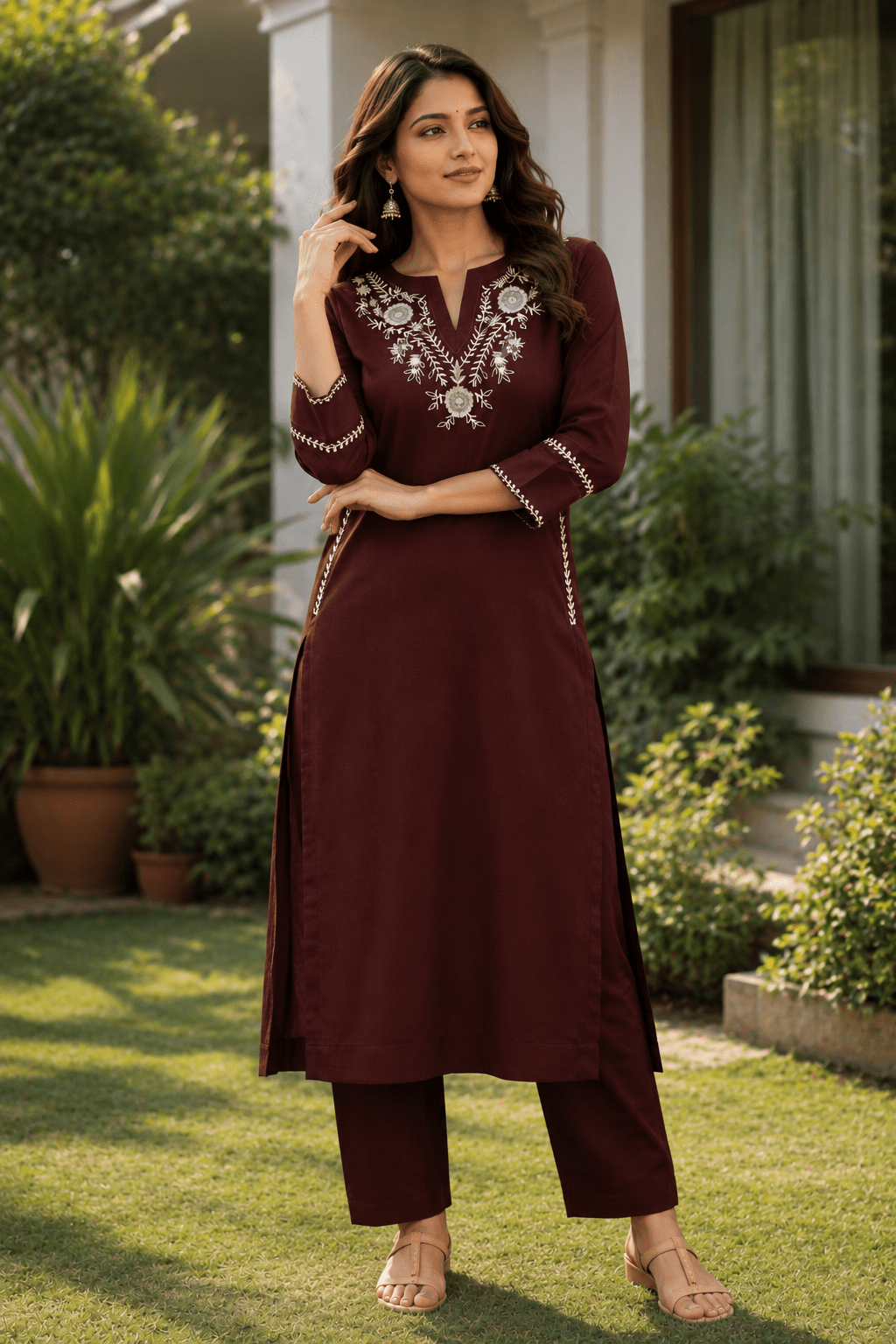 Wine Elegance Embroidered Kurta Set - Achyutara